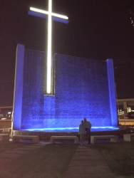 Our church ~ HFBC turned the fountain blue in honor of Warren